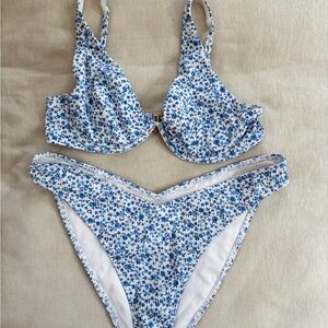 Ribbed White & Blue Floral Underwire Bikini Top and High-Cut Bottoms